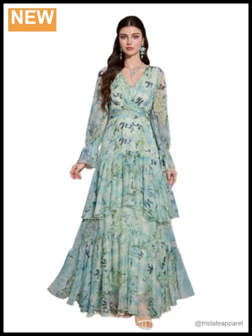 Summer Maxi Dress Long Sleeve V Neck Ruffle Tiered 100% Polyester